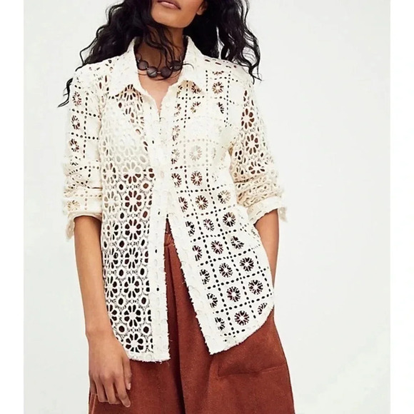 New Free People FP One Yesenia Shacket Crochet Lace Long Sleeve Button Down - Picture 12 of 13